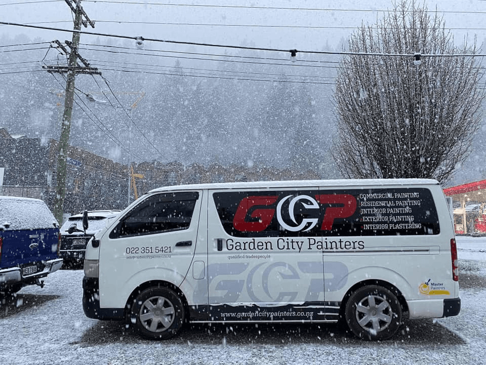 Garden City Painters branded van in winter Christchurch Canterbury